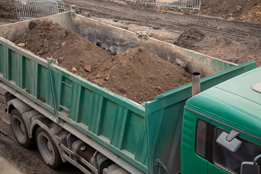 A large roll-off dumpster placed on a residential driveway for a cleanup project.